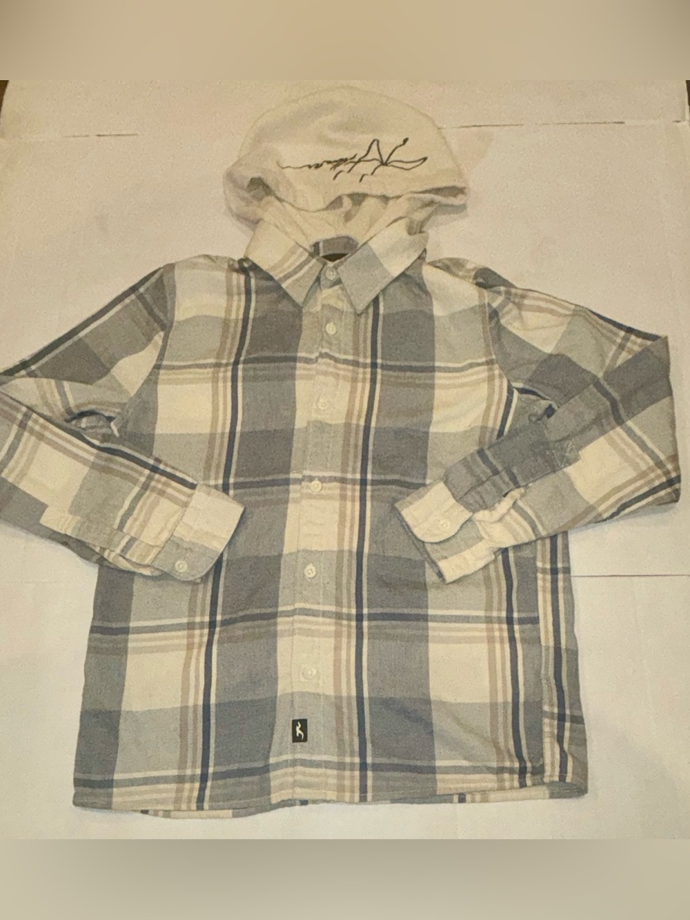 Hollister Boys Plaid Button-Down Shirt with Hood - Cream & Blue